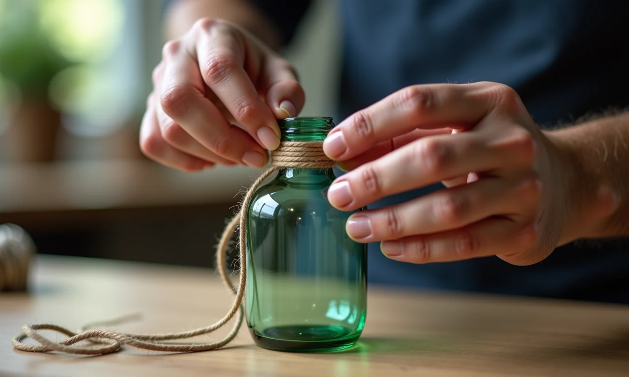 Mãos colando barbante em garrafa de vidro em projeto de artesanato.