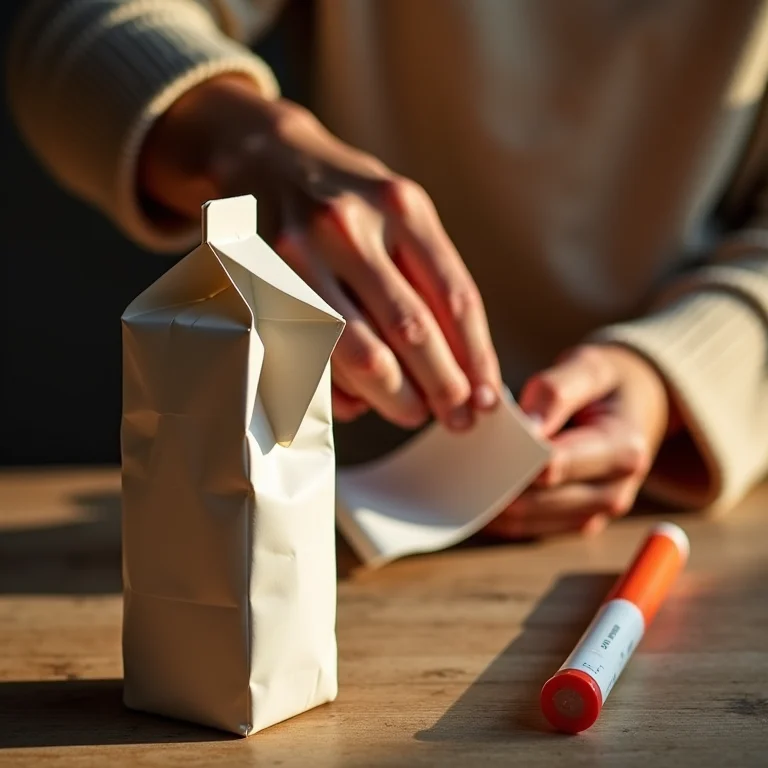Mãos colando caixas de leite para criar a base da bolsa.