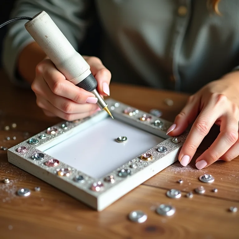 Mãos colando enfeites em um porta retrato com cola quente.