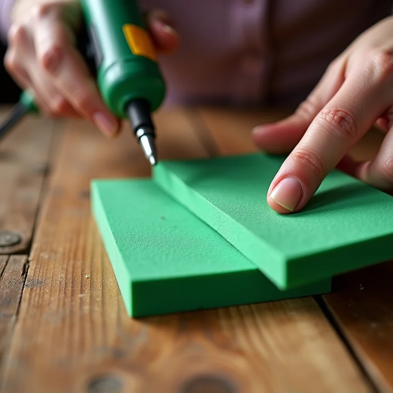 Mãos colando EVA com cola quente.