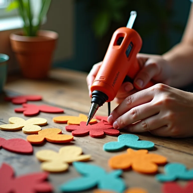 Mãos colando feltro para montar guirlanda de Natal.
