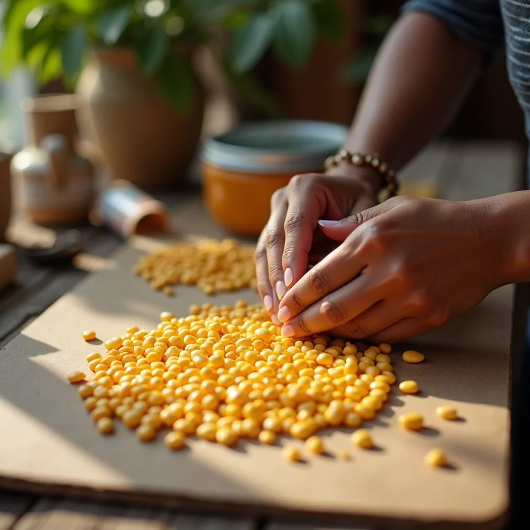 Mãos colando grãos de milho em base de papelão.