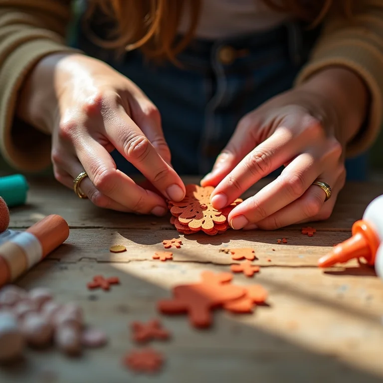 Mãos colando peças de EVA para artesanato