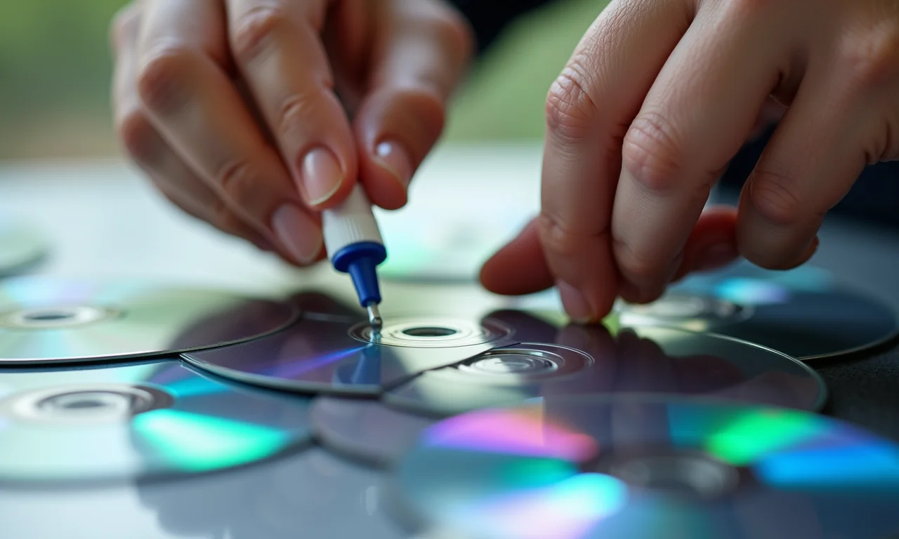 Mãos colando pedaços de CDs em superfície com cola artesanal.