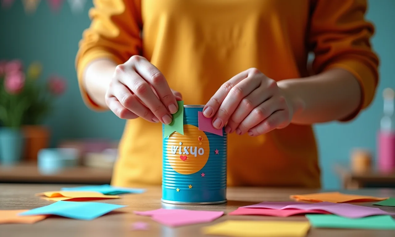 Mãos colando recortes de papel colorido em lata de batata, criando um padrão decorativo.