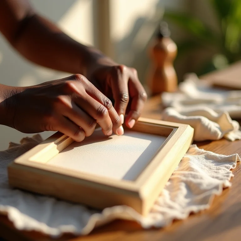 Mãos colando tecido em porta-retrato de caixa de leite