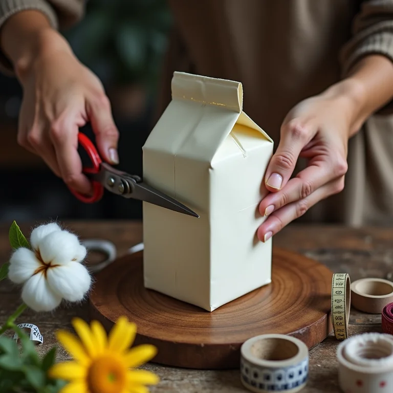 Mãos cortando caixa de leite com tesoura vintage para artesanato.