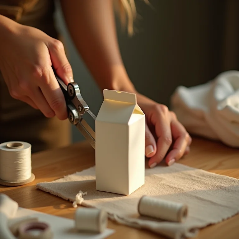 Mãos cortando caixa de leite para fazer porta-retrato