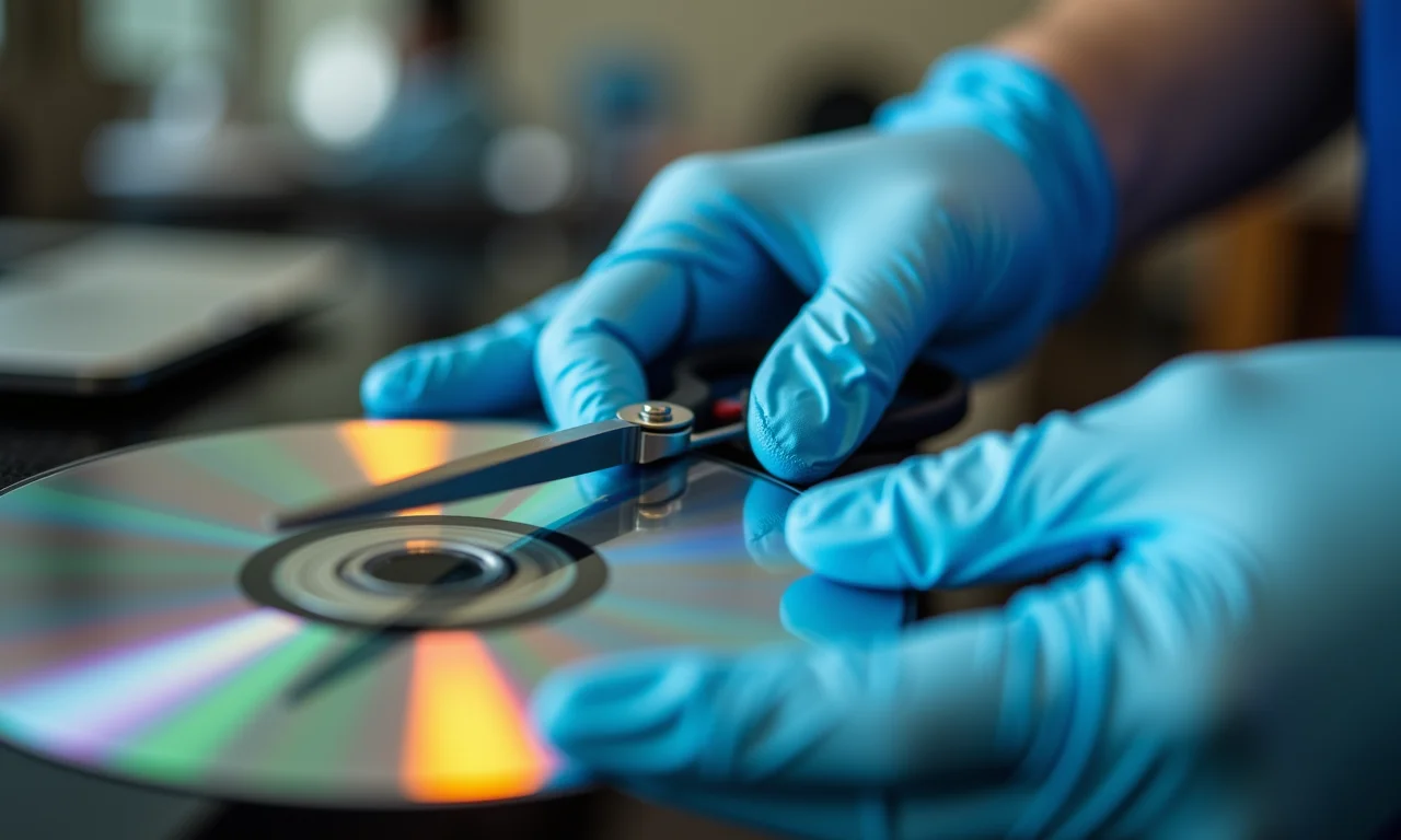 Mãos cortando CD com tesoura com luvas de proteção.