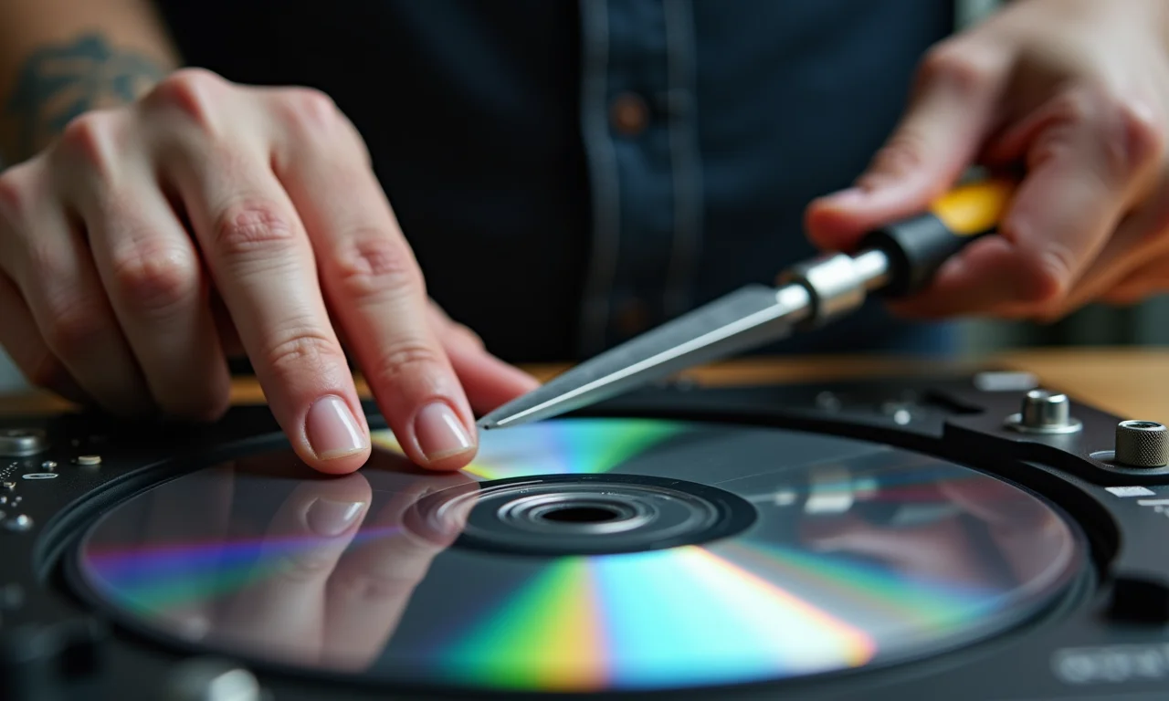Mãos cortando CD de forma segura com ferramentas apropriadas.