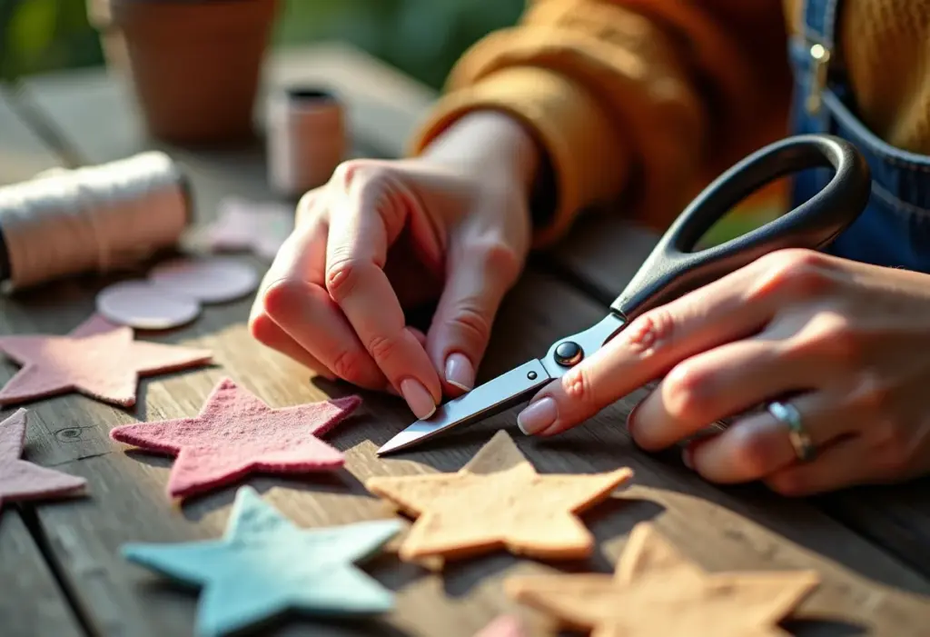 Lembrancinha de Natal em Feltro: Ideias fáceis e lucrativas! Mãos cortando estrelas de feltro para enfeites de árvore de Natal