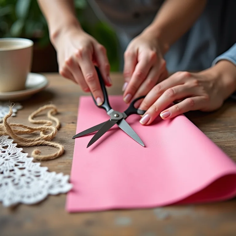 Mãos cortando EVA rosa com tesoura vintage.