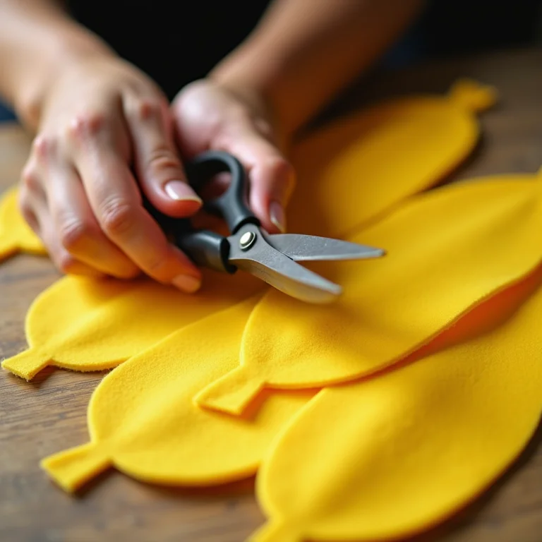 Mãos cortando feltro amarelo para criar formas de milho.