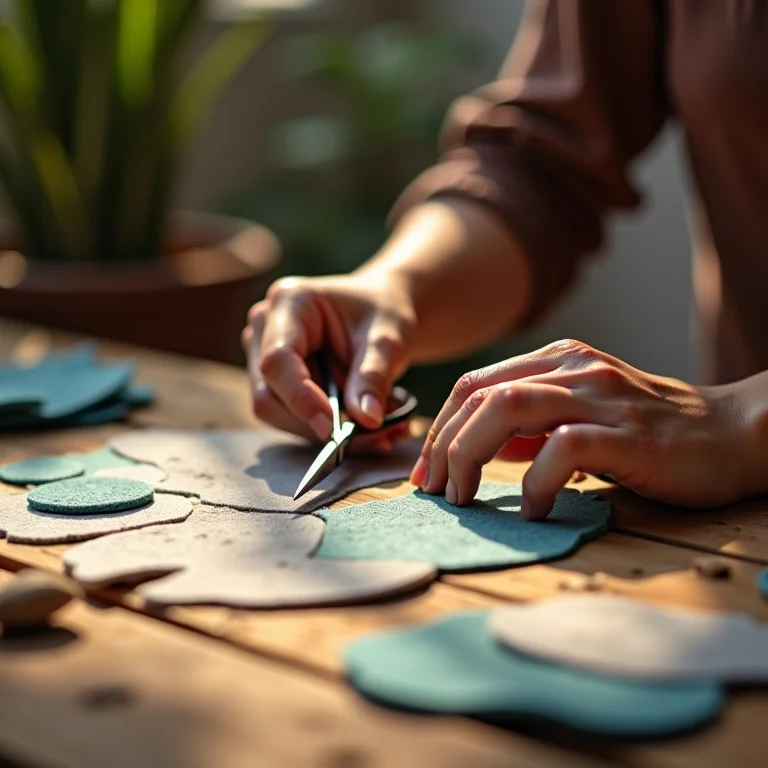 Mãos cortando feltro colorido para guirlanda de Natal.