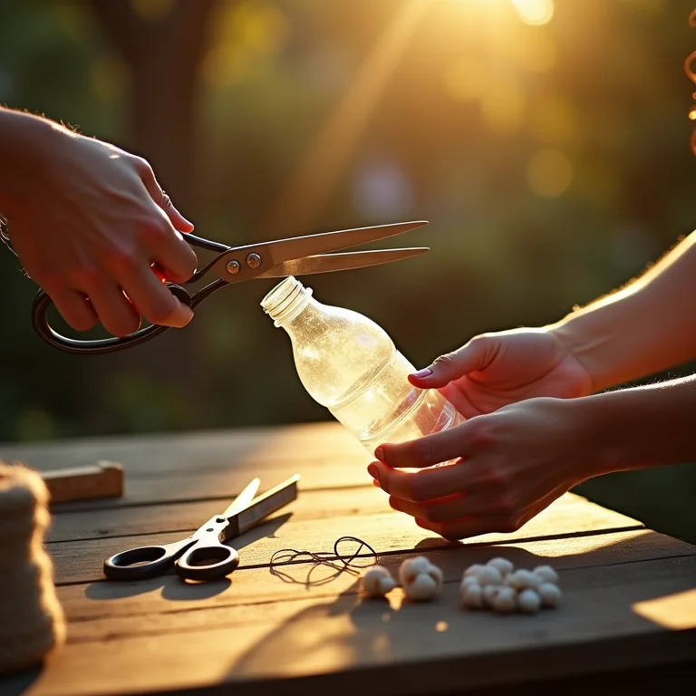 Mãos cortando garrafa PET para artesanato