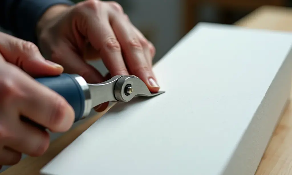 Mãos cortando isopor com cortador de fio quente, mostrando precisão.