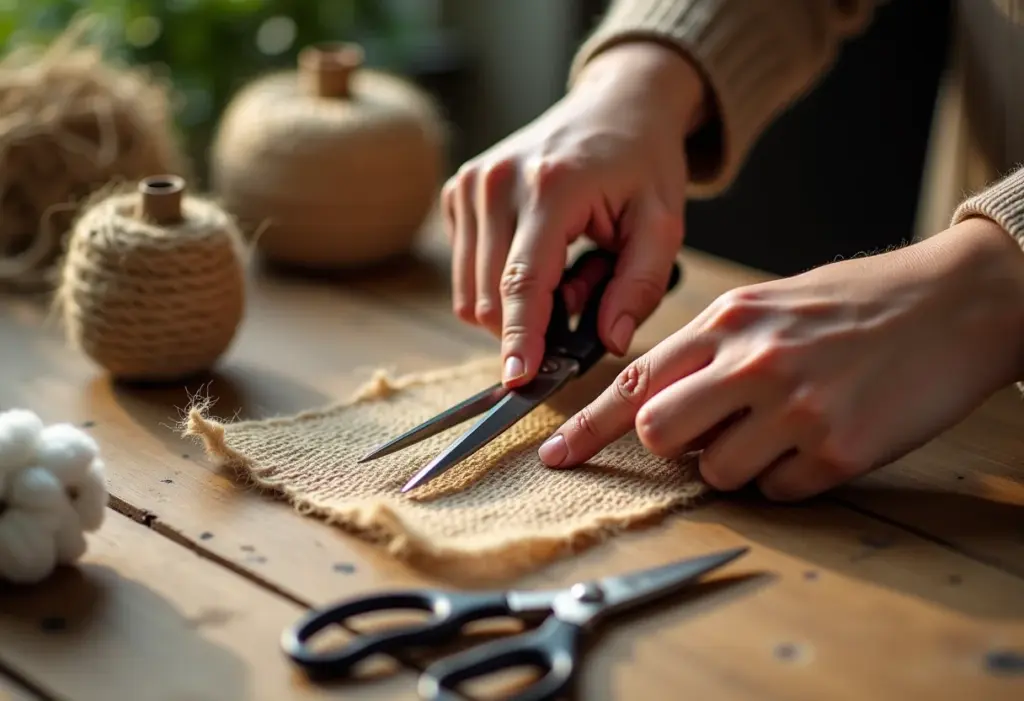 Lembrancinha PET: Ideias Lindas e Fáceis pro Chá de Cozinha! Mãos cortando juta para artesanato brasileiro