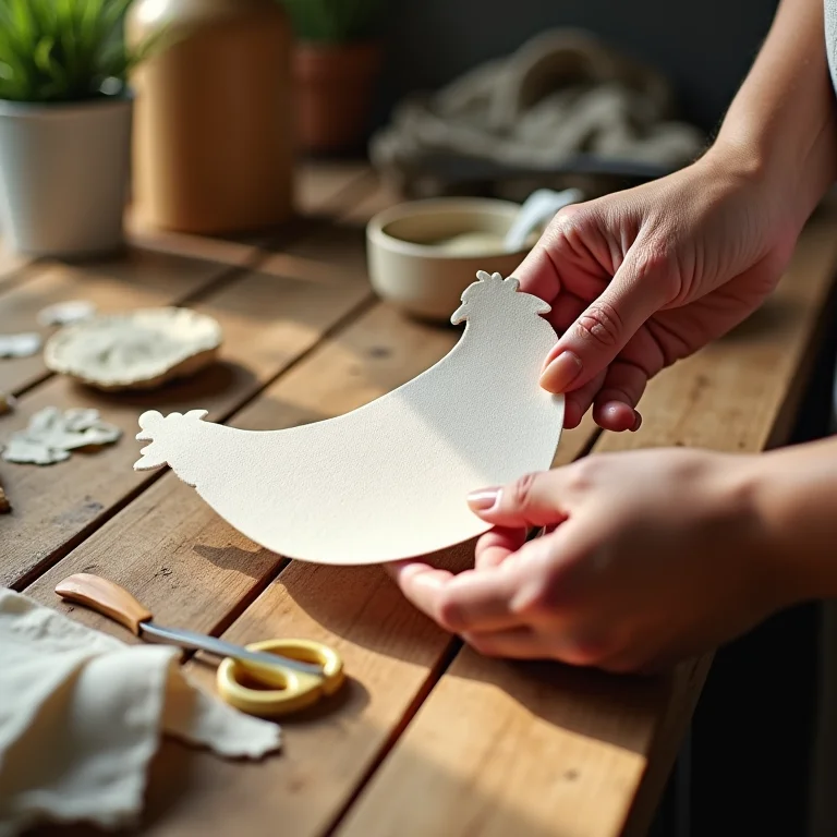 Mãos cortando molde de galinha