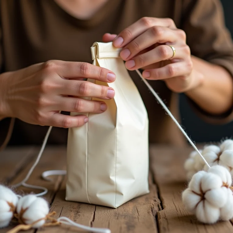 Mãos costurando a bolsa de caixa de leite com linha de algodão.