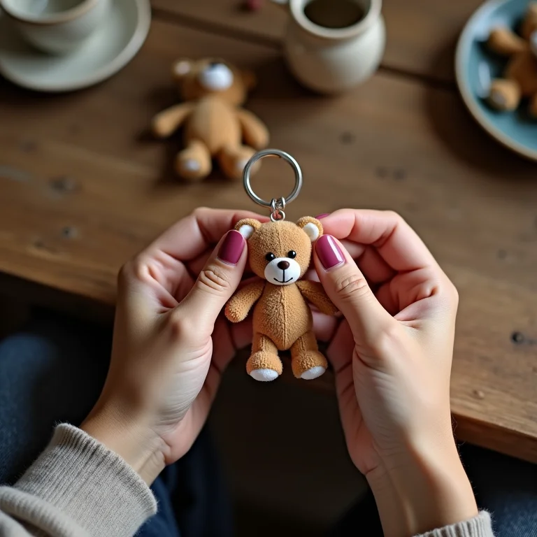 Mãos costurando chaveiro de ursinho em EVA.