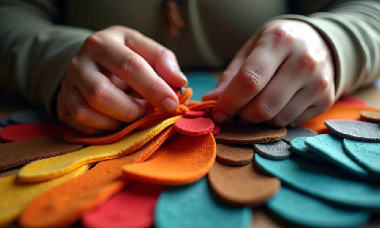 Mãos costurando feltro para criar a Galinha Pintadinha, close-up dos detalhes da costura.