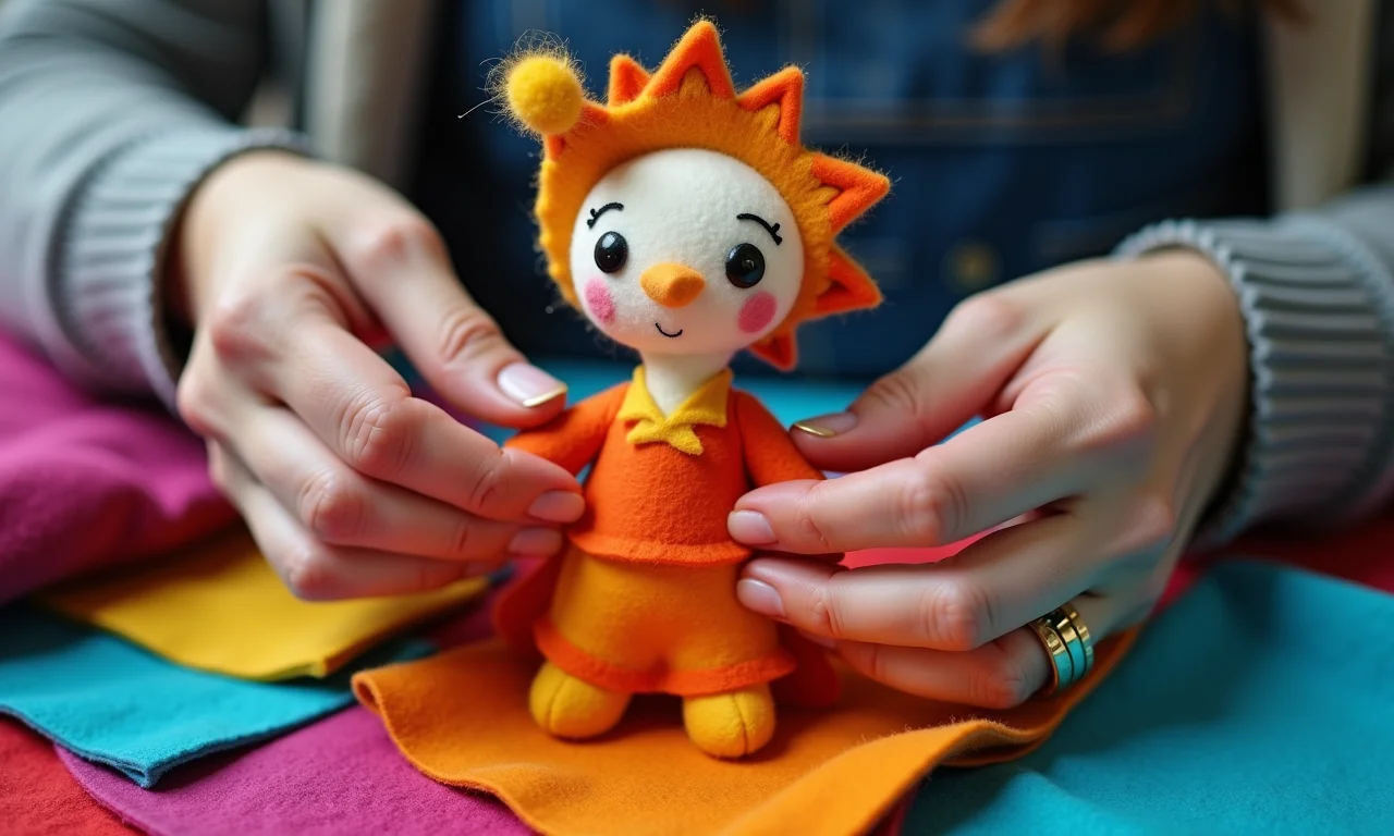 Mãos costurando Galinha Pintadinha de feltro passo a passo.