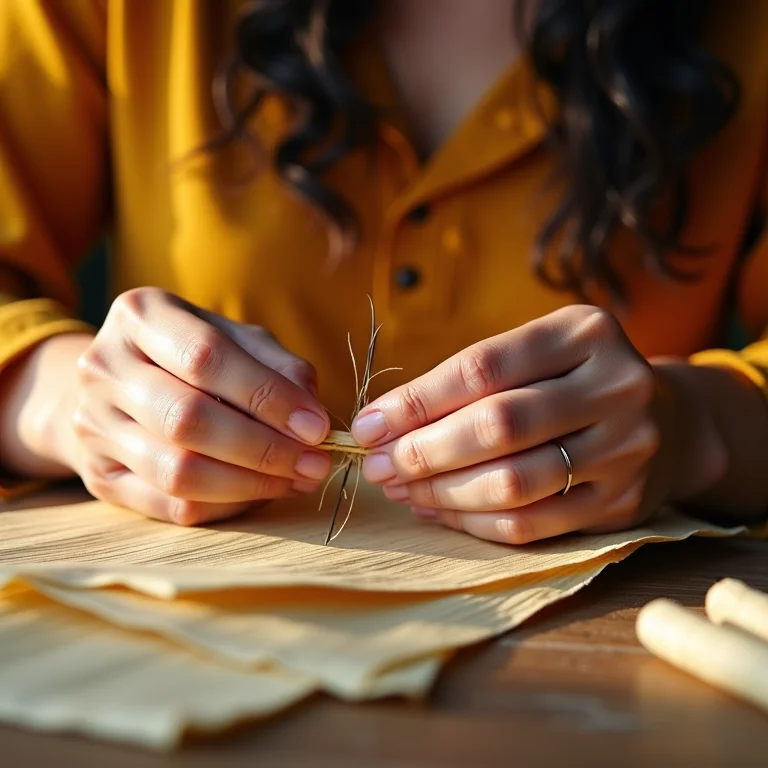 Mãos costurando palha de milho com agulha e linha.