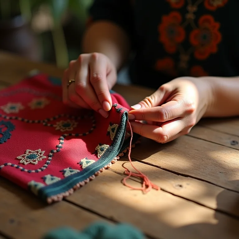 Mãos costurando um fuxico em tecido colorido