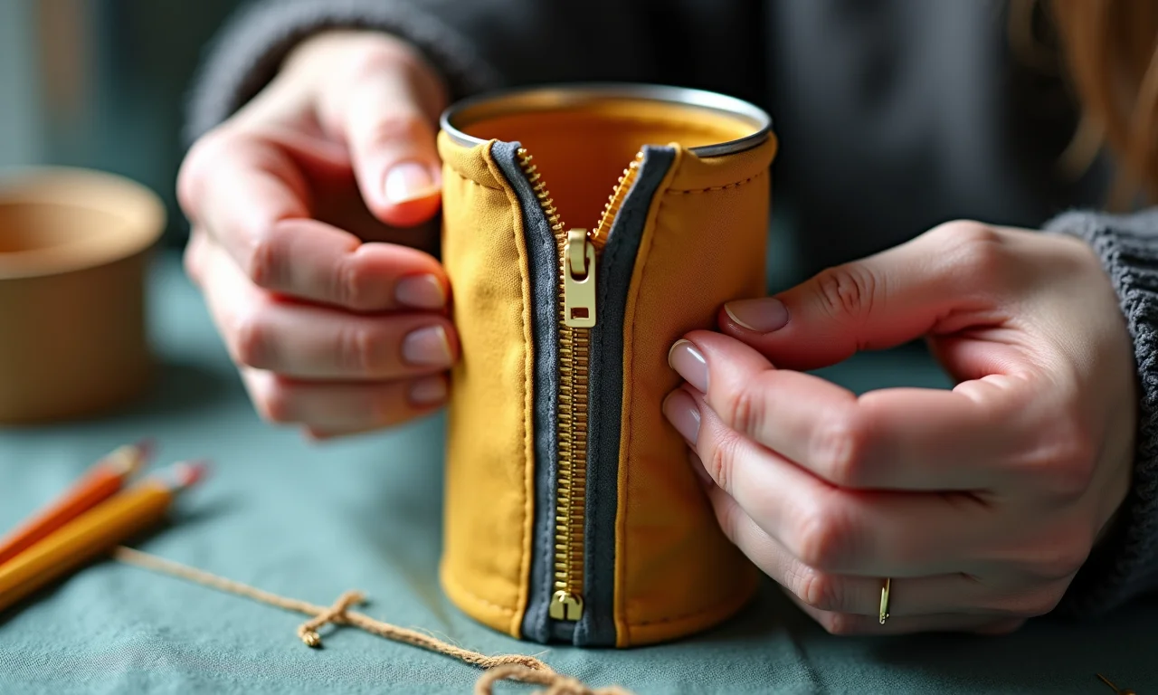 Mãos costurando um zíper em um porta-lápis de lata coberto de tecido.