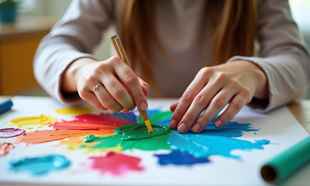 Mãos criando arte com rolinhos de papel higiênico e tinta colorida.