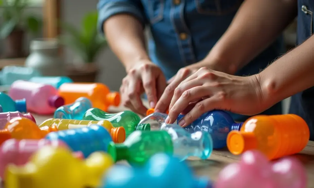 Artesanato com pet passo a passo: guias simples Mãos criando artesanato colorido com garrafas PET recicladas.