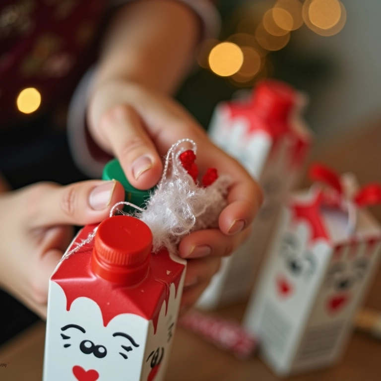 Mãos criando enfeites de Natal com materiais reciclados.