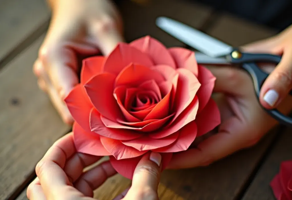 Mãos criando rosa de papel crepom em ateliê brasileiro