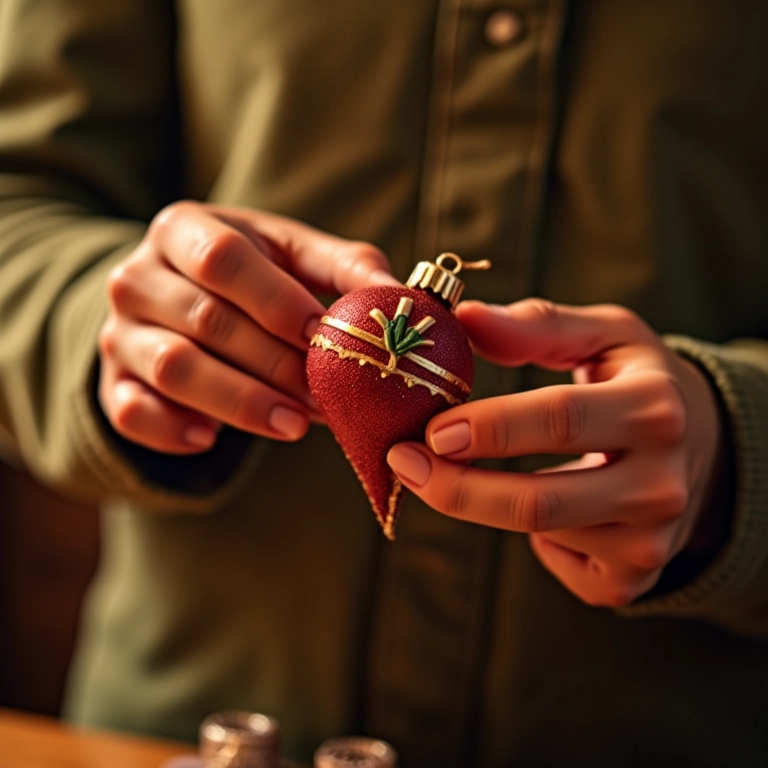 Mãos criando um enfeite de Natal simples.