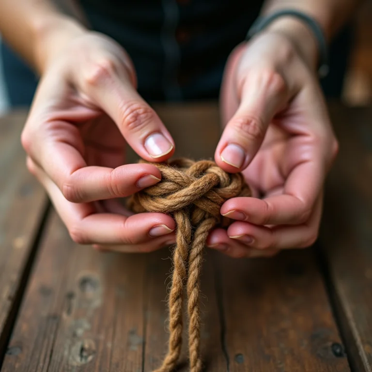 Mãos criando um nó corrediço para crochê.