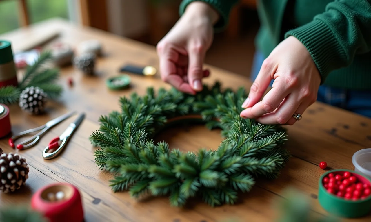 Mãos criando uma guirlanda de Natal DIY.