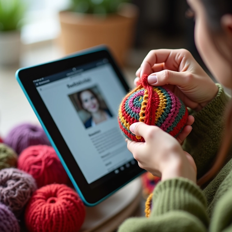 Mãos crocheteando com fios coloridos, tutorial online de crochê em um tablet.