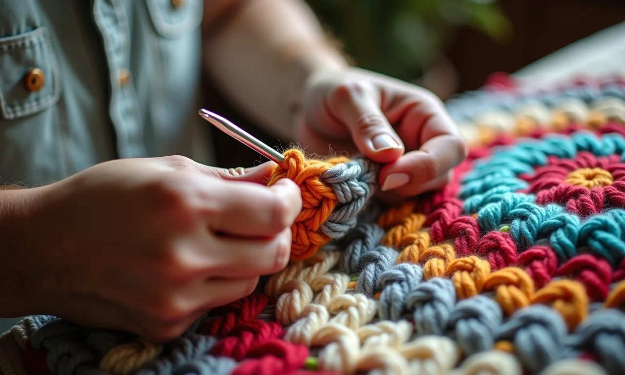 Mãos crocheteando um tapete, close-up com fios coloridos e agulha de crochê.