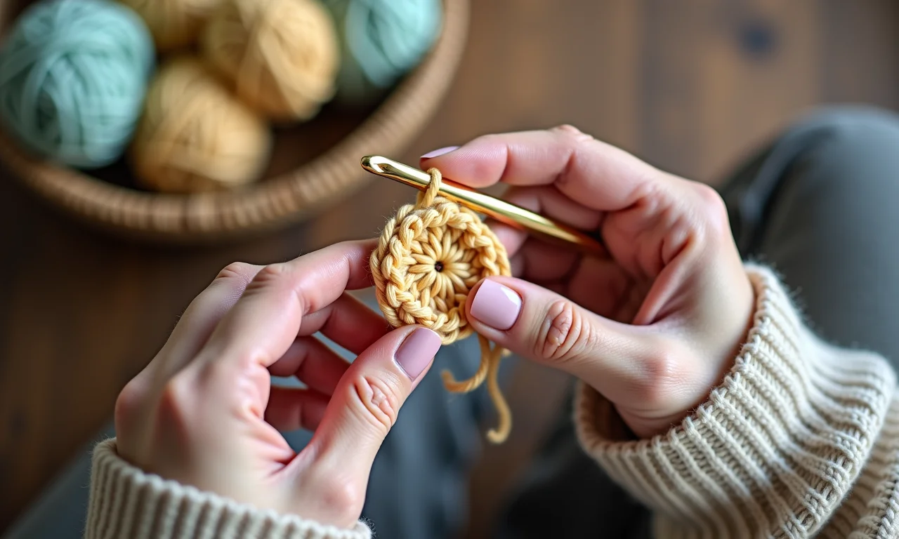 Mãos crocheteando uma flor de crochê de forma simples.