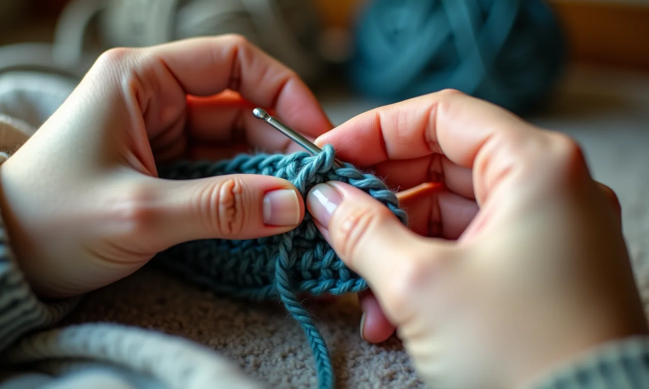 Mãos de crocheteira canhota refletidas no espelho.