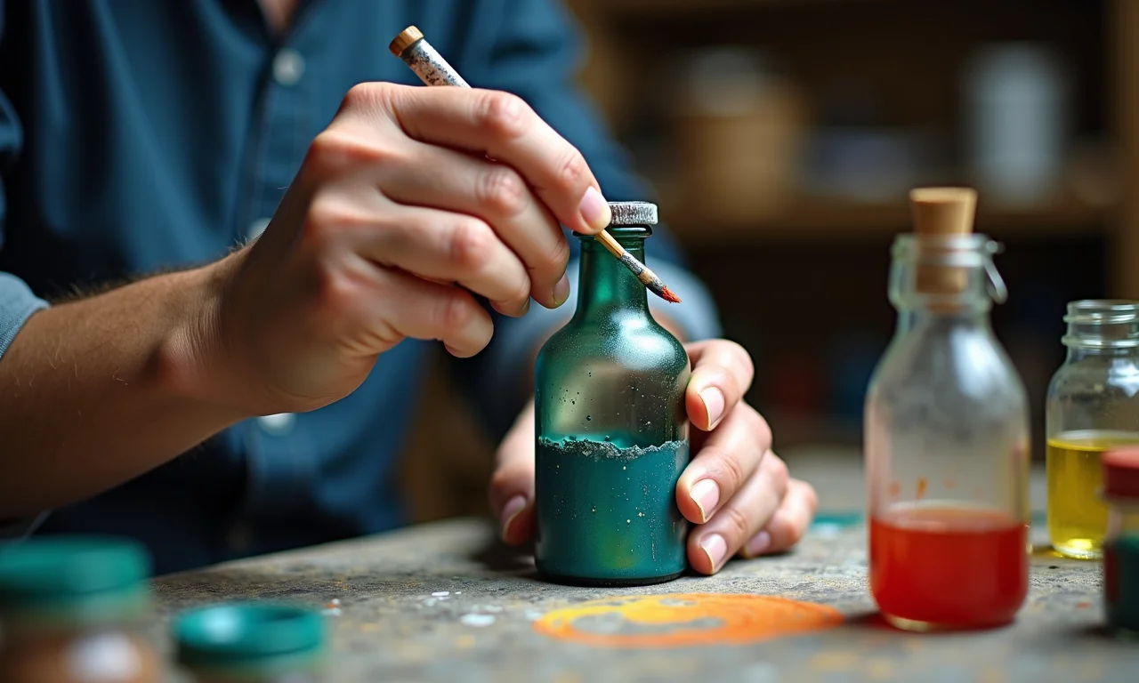 Mãos de especialista decorando garrafa de vidro com tinta em estúdio iluminado.