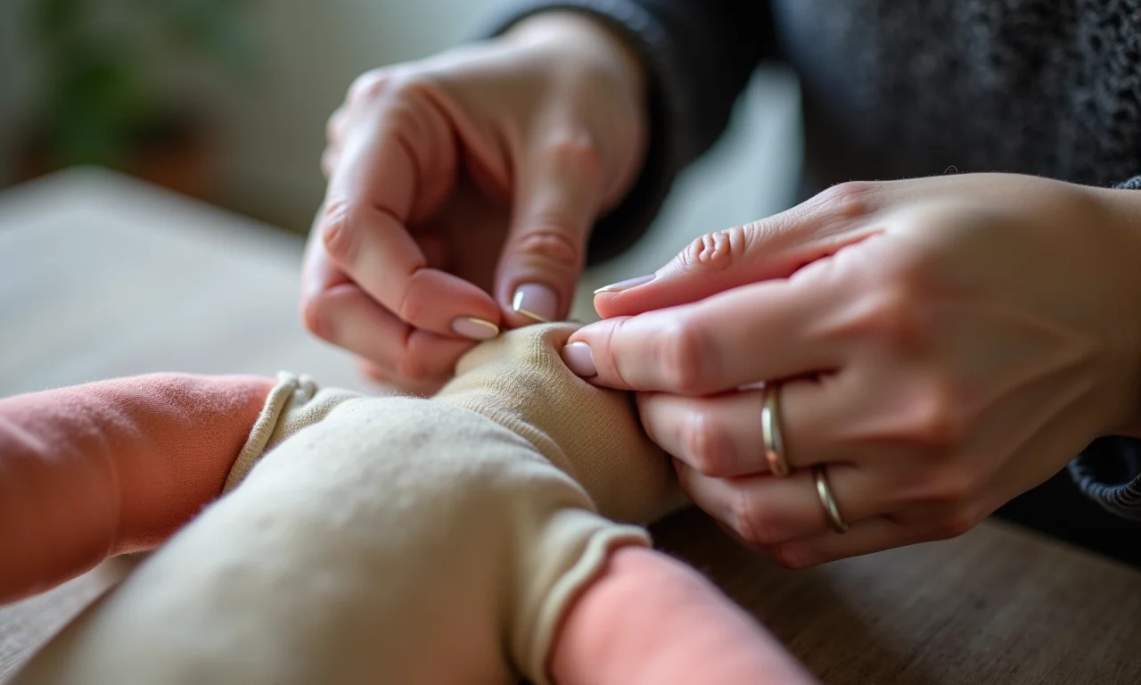 Mãos de especialista demonstrando técnica de costura em boneca de pano.