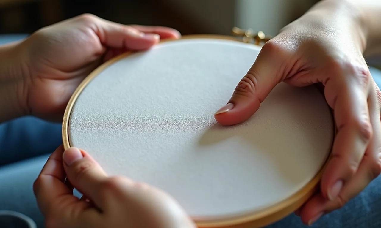Mãos de especialista mostrando acabamento perfeito em bastidor bordado.