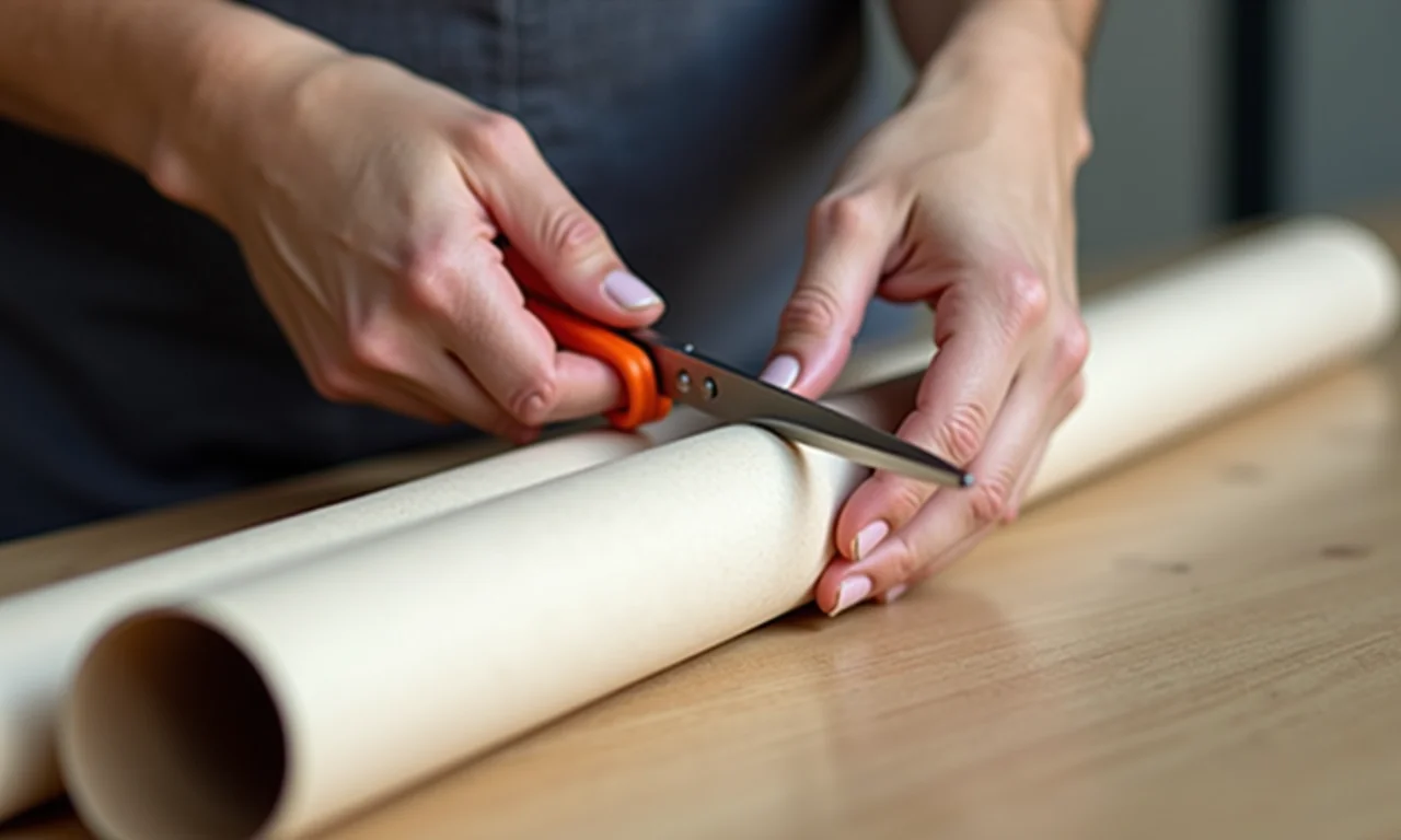 Mãos de especialista mostrando como cortar rolos de papel para artesanato.