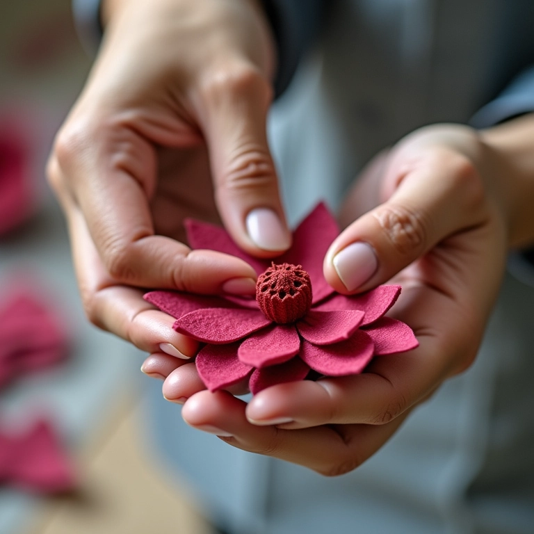 Mãos de especialista mostrando ponto preciso em flor de feltro.