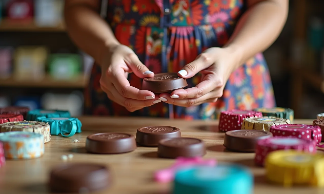 Mãos de mulher escolhendo bombons Ouro Branco em loja de artesanato.