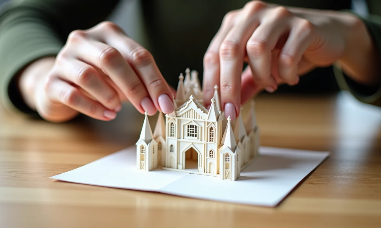 Mãos de mulher montando um modelo 3D de papercraft detalhado sobre uma mesa de madeira.