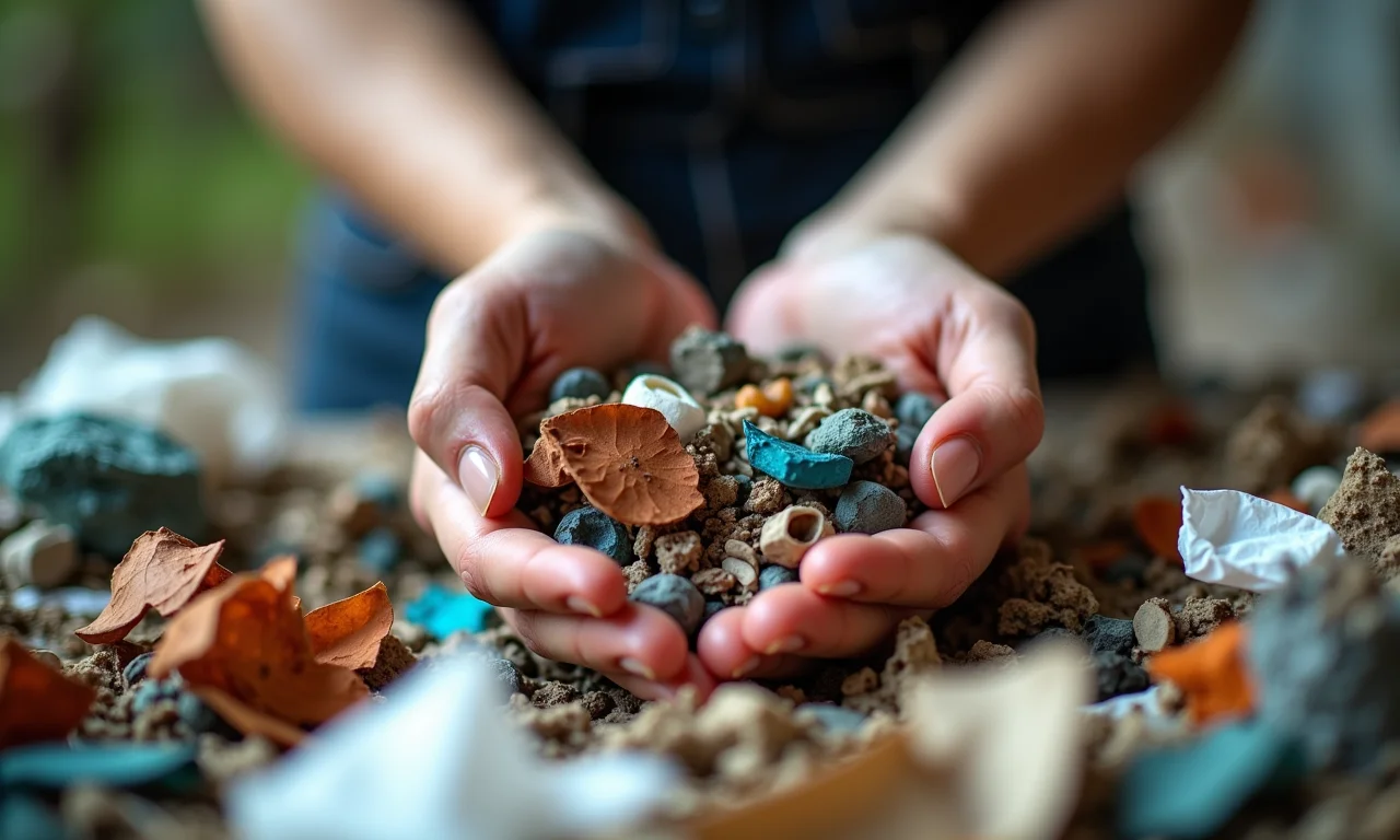 Mãos de uma mulher classificando materiais reciclados.