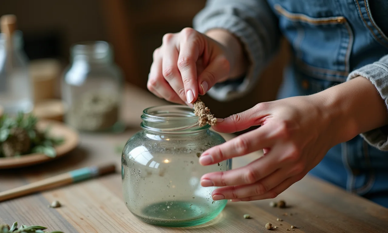Mãos de uma mulher criando um projeto de artesanato com um pote de vidro reciclado.