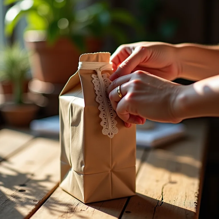 Mãos decorando a bolsa de caixa de leite com botões e fitas.